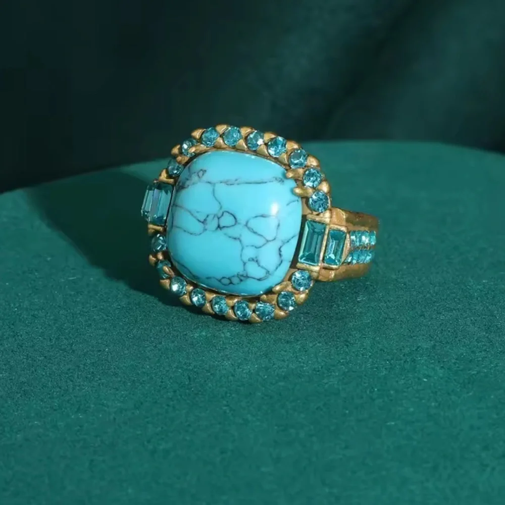 Antique Couture Turquoise Cocktail Ring 18K Gold Finish with Diamond-Style Halo